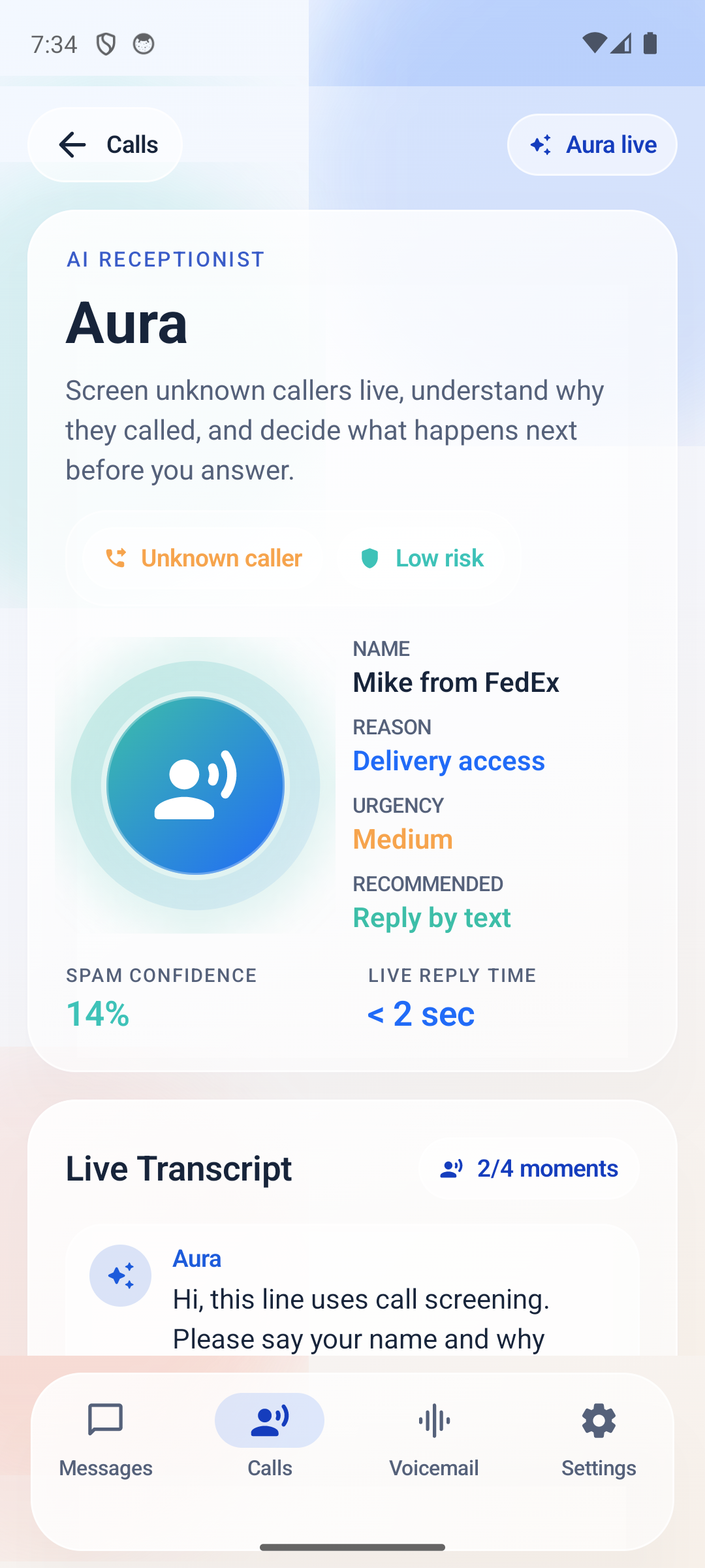 FreeLine Aura on Android showing a live transcript and AI call screening summary