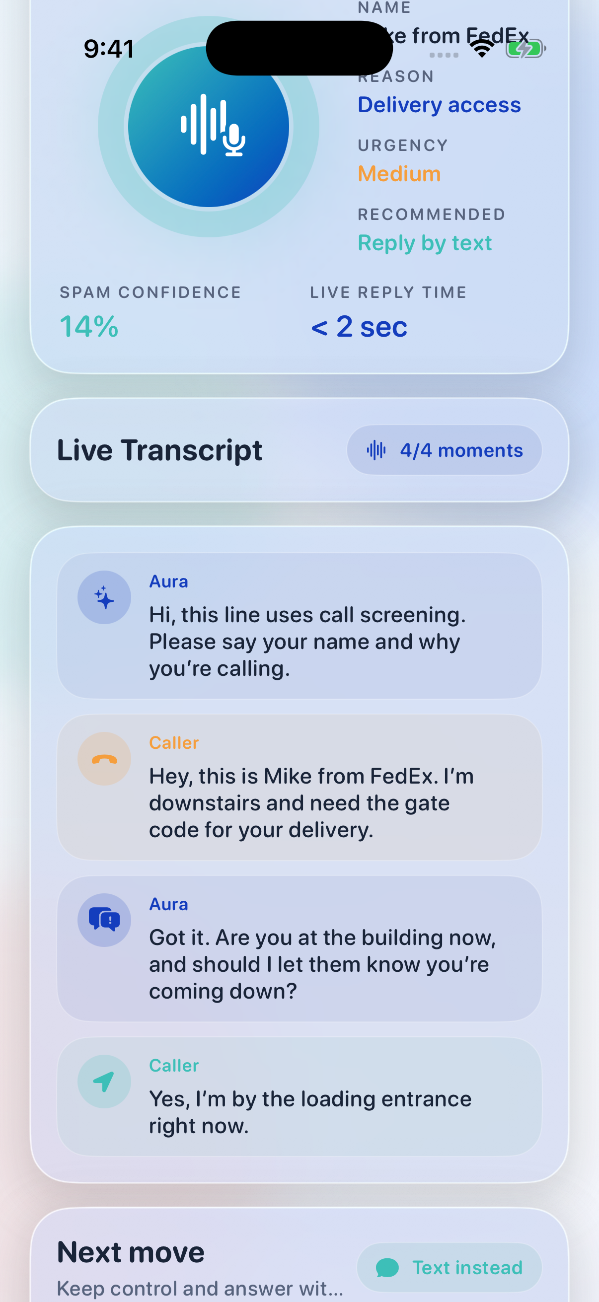 FreeLine Aura on iOS showing a live transcript and AI call screening summary