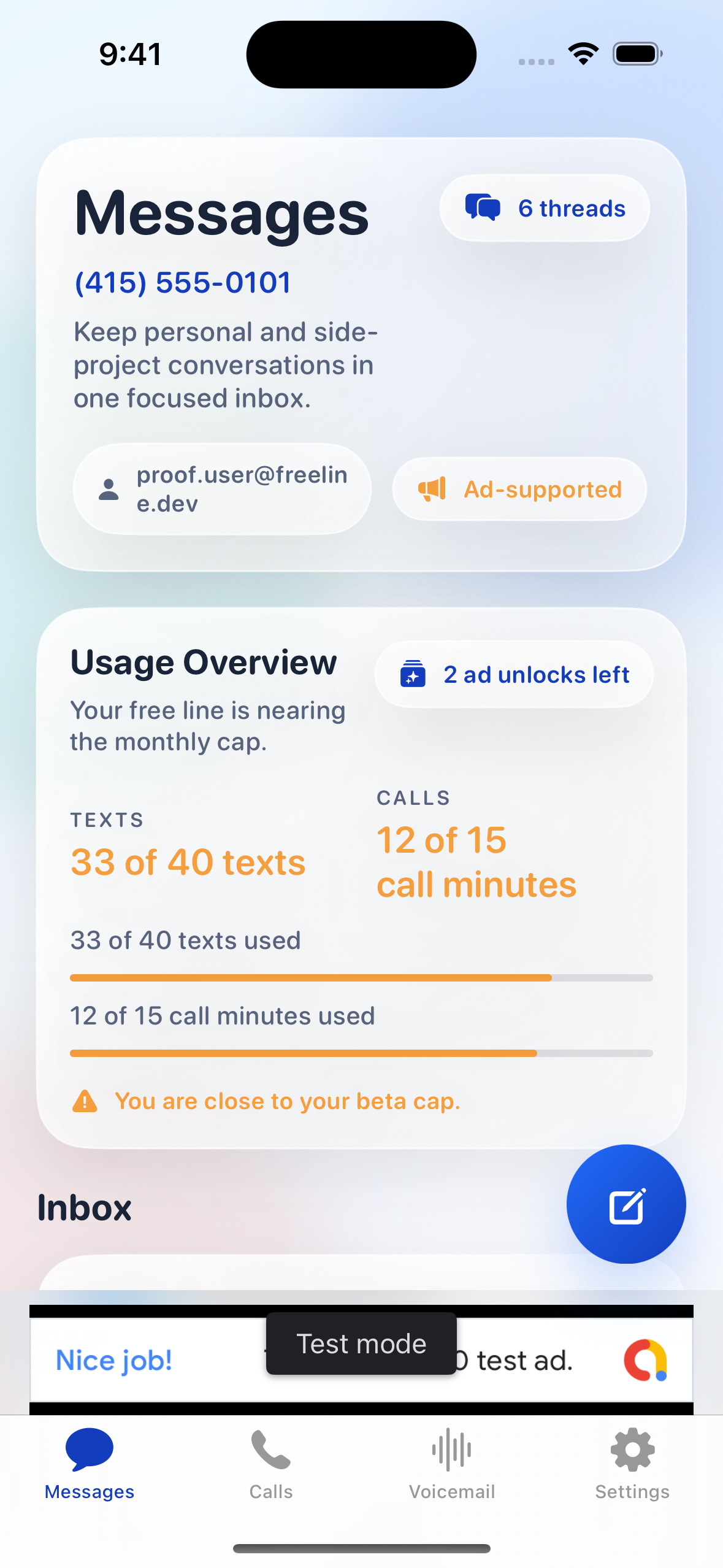 FreeLine messages inbox with clean conversations