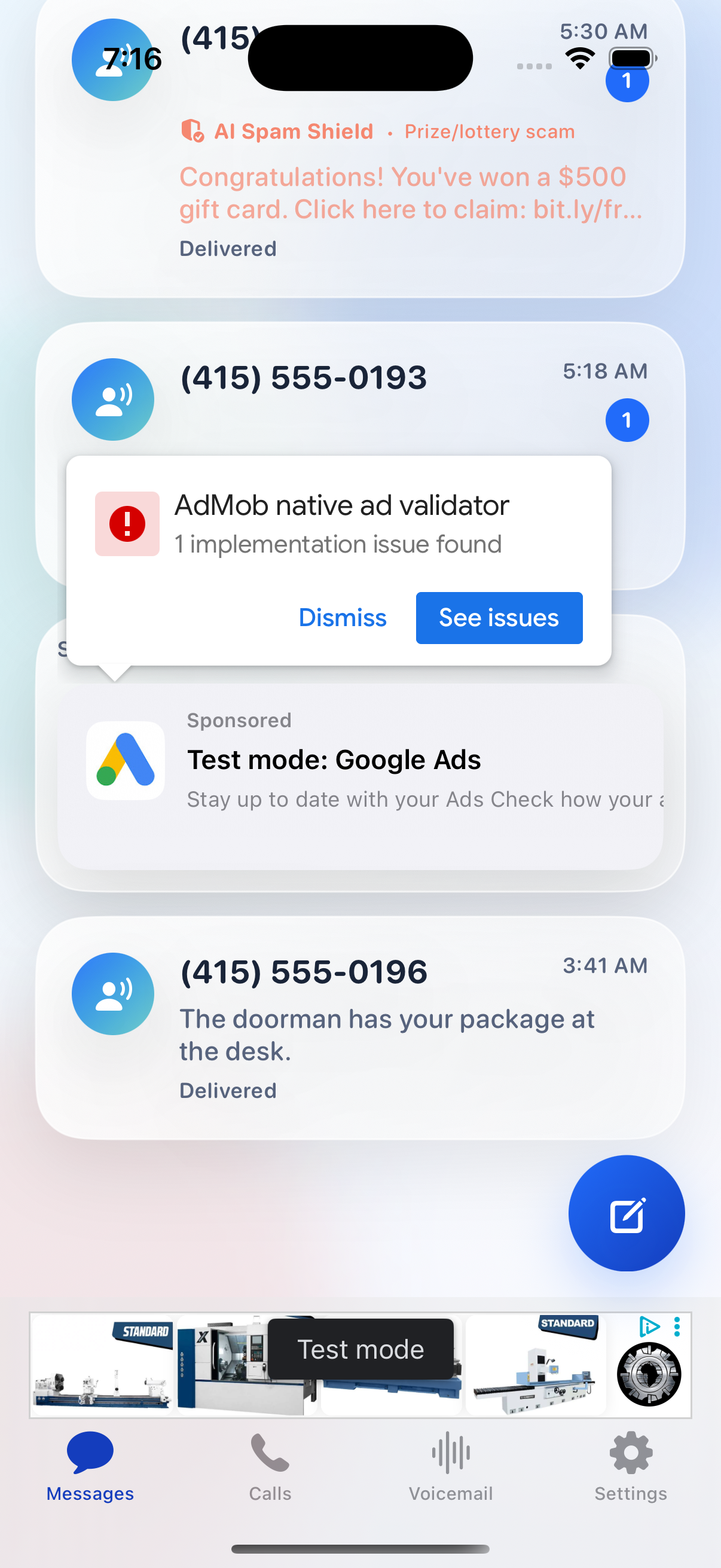 AI Spam Shield flagging a lottery scam in the FreeLine inbox