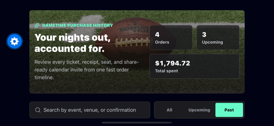 Native iOS landscape screenshot of the GameTime order history app.