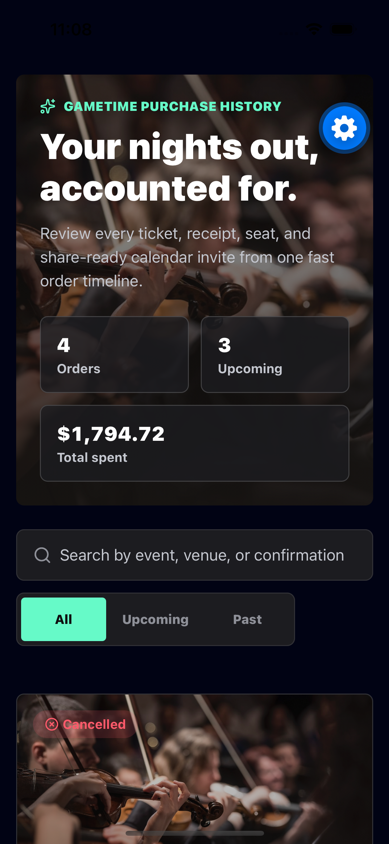 Native iOS portrait screenshot of the GameTime order history app.