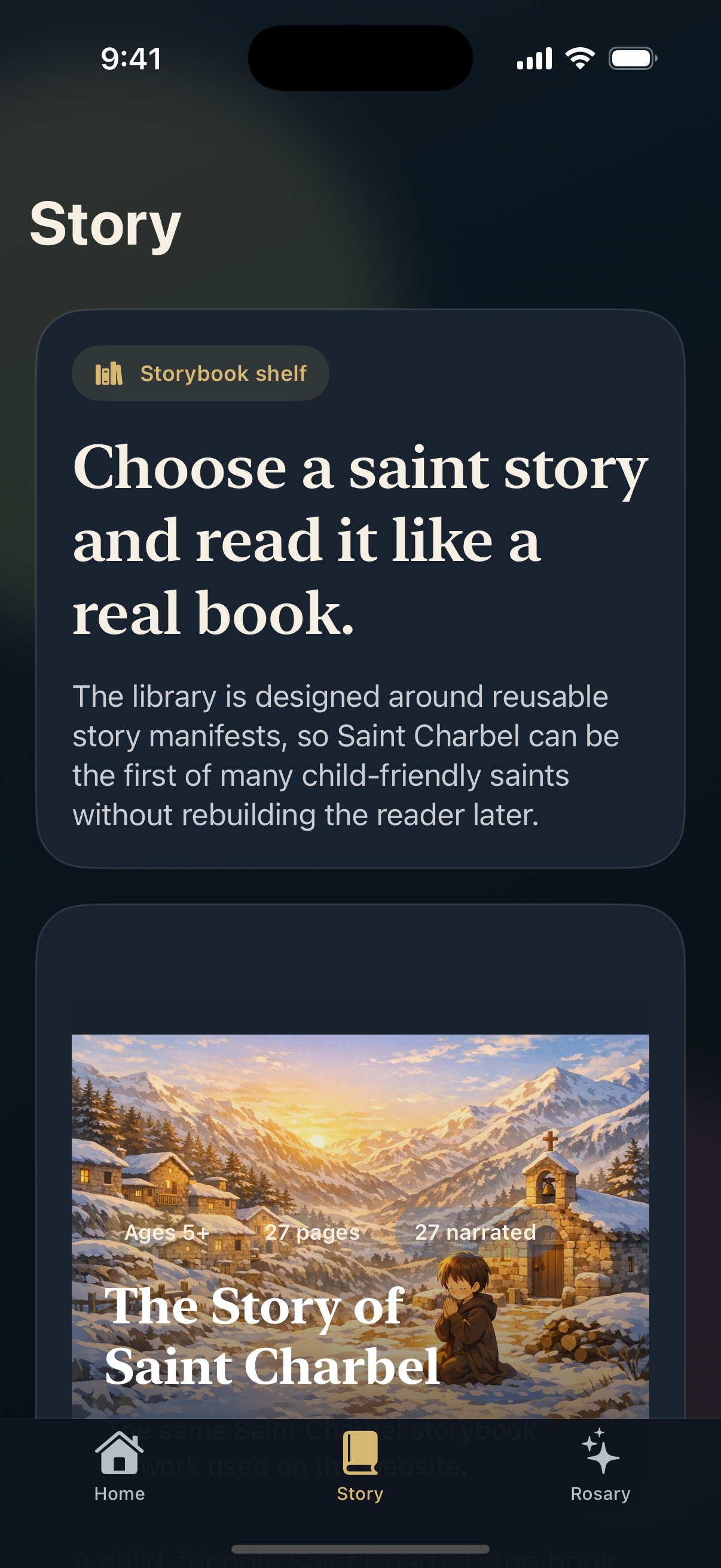 Saint Charbel story library screen