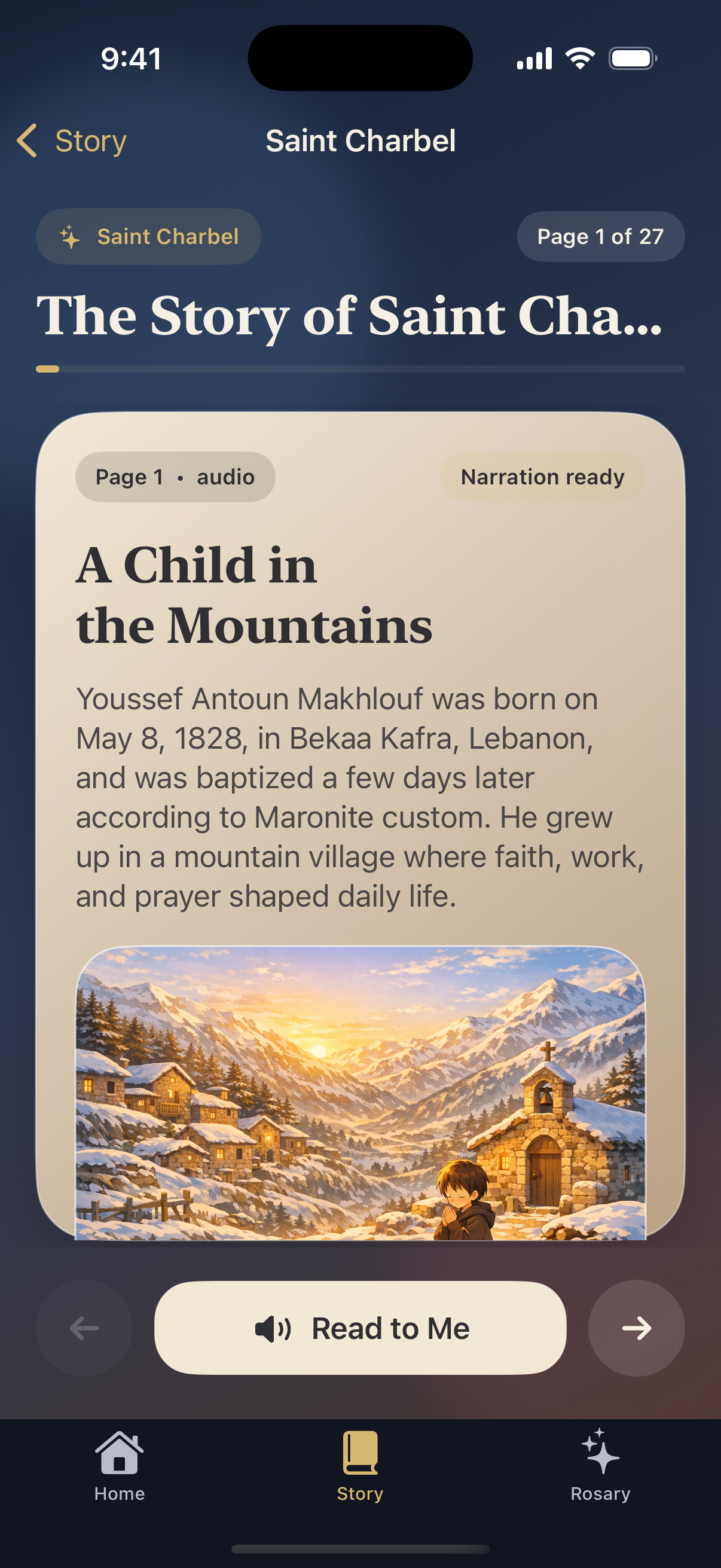 Saint Charbel iPhone story reader screen